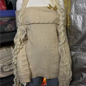 Off-the-Shoulder Cream knit Sweater with bubble sleeves